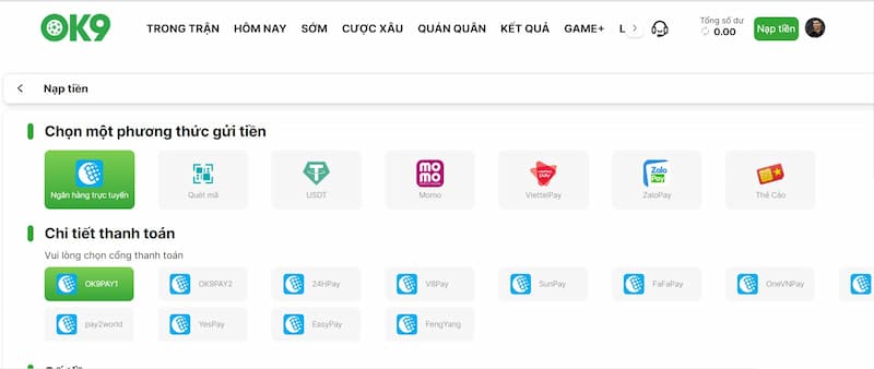 Cách nạp tiền ok9